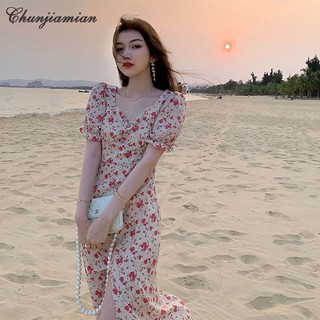 Chunjiamian Đầm Hoa Tay Ngắn Xẻ Tà Ôm Eo Và Đầm Đi Biển Mùa Hè Phong Cách Mới