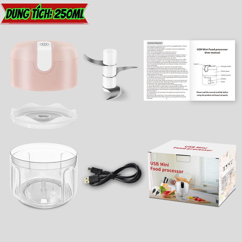 Máy xay tỏi ớt đa năng LAMJAD Siêu thị dòng mini sạc điện 250ml công suất 300w