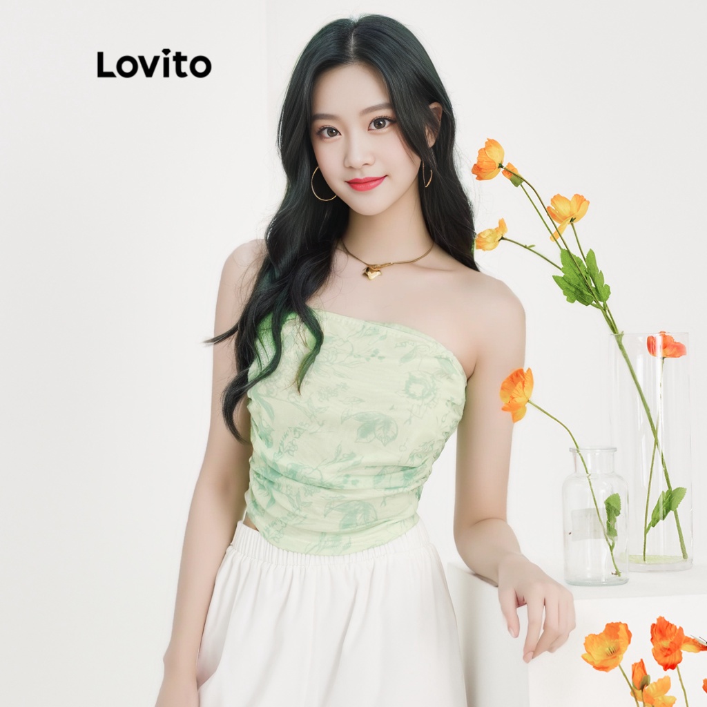 Áo sát nách Lovito dây rút phối lưới tương phản xếp nếp họa tiết hoa boho cho nữ L51ED058 (màu xanh lá nhạt)