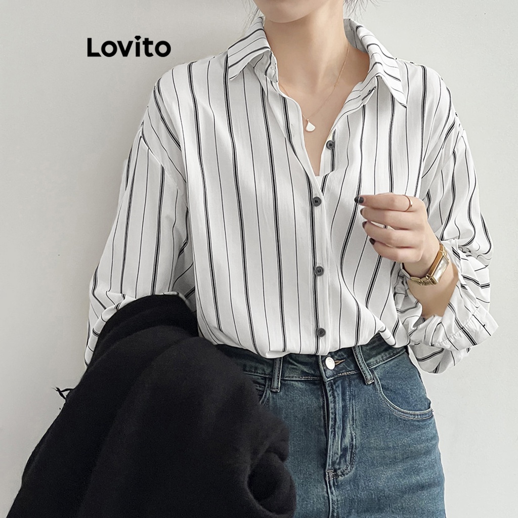 Lovito Áo Sơ Mi Sọc Nút Phía Trước Thanh Lịch Cho Nữ LNE29208 (Nhiều màu)