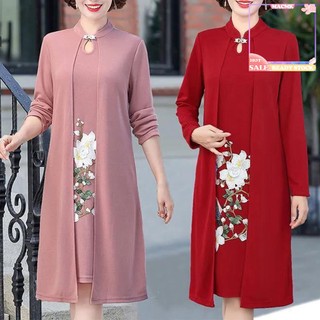 [mac] Đầm Sườn Xám Giả Hai Lớp Dáng Suông Tay Dài Cổ Đứng Thêu Hoa Mặc Hàng Ngày Cho Mẹ