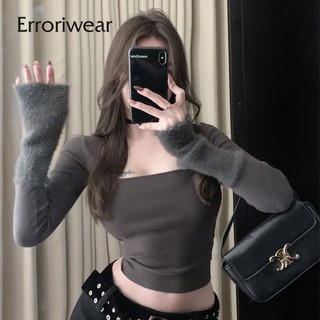 Erroriwear Nữ Squre Cổ Áo Thun Mới Sang Trọng Nối Tay Dài Sát Ngắn Bên Trong Top