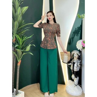 D147.371 set bộ bà ba tay búp ngọc trai, cổ tròn lụa manggo quần lụa hồng ngọc mềm