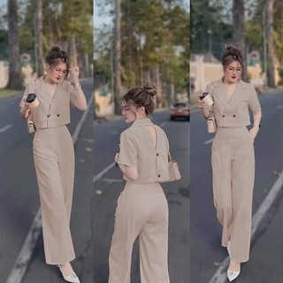 Sét vest nữ áo croptop cổ bẻ khoét hở lưng kèm quần dài ống suông thanh lịch