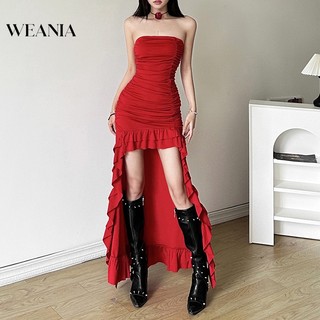 Đầm Dự Tiệc Dáng Dài Trễ Vai Phối Bèo Lệch Xinh Xắn Cho Nữ