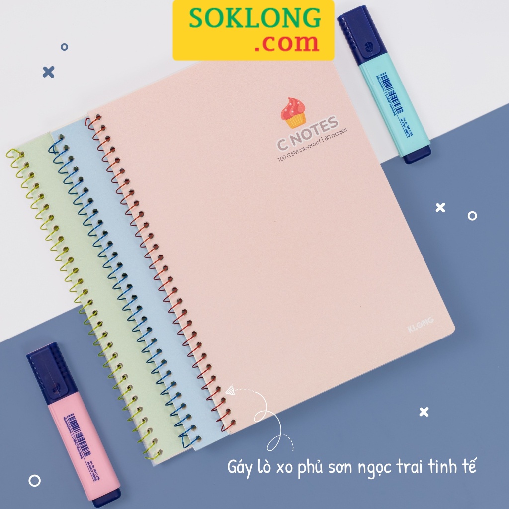 Vở note cornell B5 Klong 200-120-80 trang lò xo đơn C Notes kết hợp dot và caro 6x6mm SOKLONG, tập sổ Klong