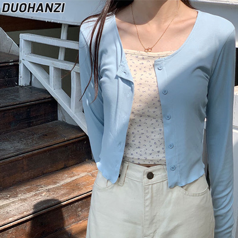 Duohanzi Áo Khoác cardigan Dệt Kim Ngắn Hở Rốn Phối Ren Phong Cách Hàn Quốc Cho Nữ