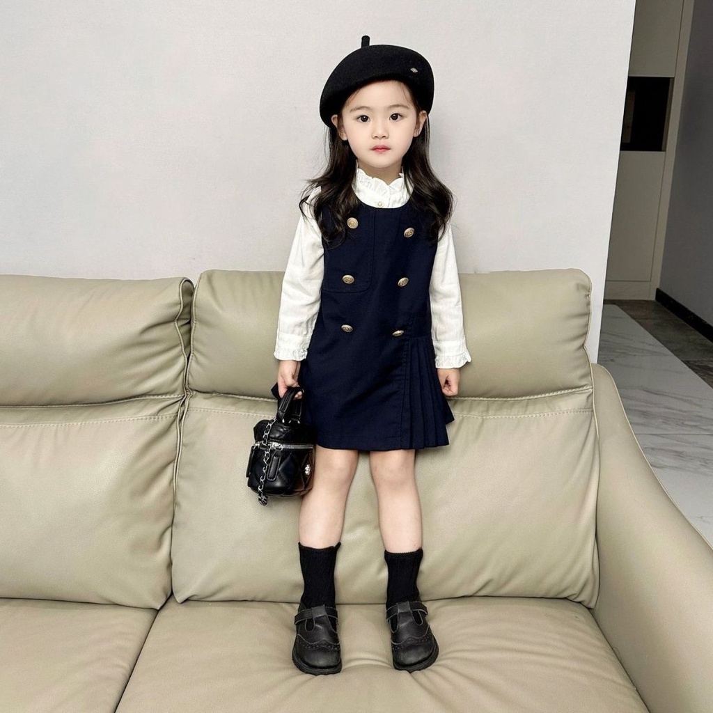 Set Áo Sơ Mi Tay Phồng + Váy Yếm Phong Cách Hàn Quốc Thời Trang Mùa Thu Mới Cho Bé Gái