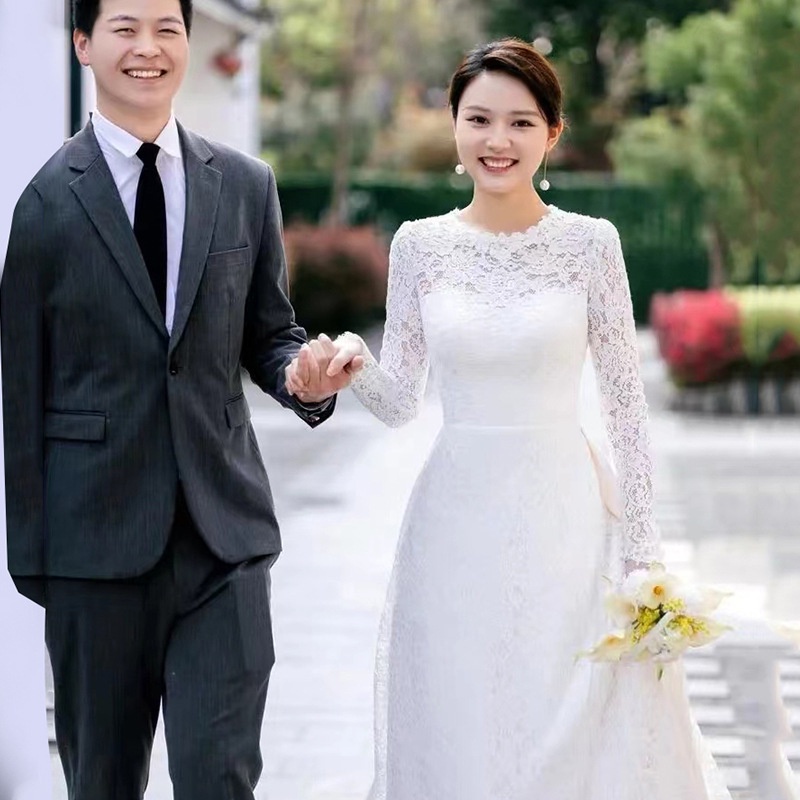 Đầm Cô Dâu Tay Dài Phối Ren Màu Trắng Thời Trang