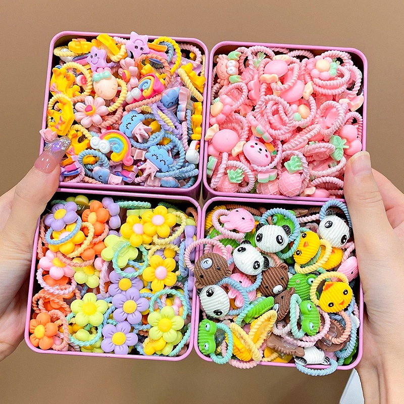 Set 80 Dây Buộc Tóc Cao Su Co Giãn Hình Hoa Hoạt Hình Dễ Thương Cho Bé Gái
