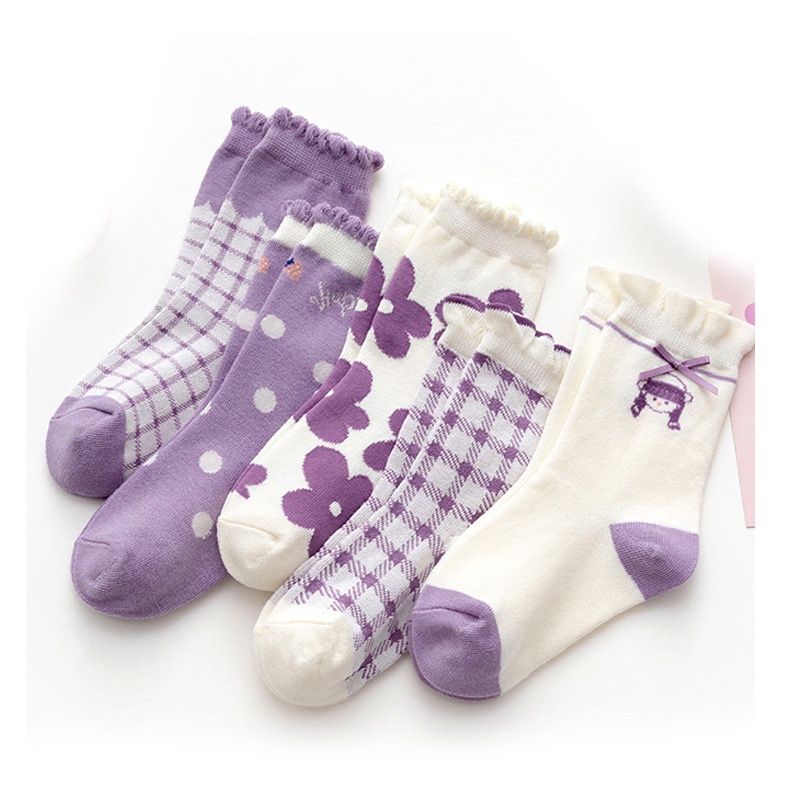 Set 5 Đôi Vớ cotton Mùa Hè Phối Lưới Màu Tím In Họa Tiết Hoạt Hình Dễ Thương Cho Bé Sơ Sinh jp7