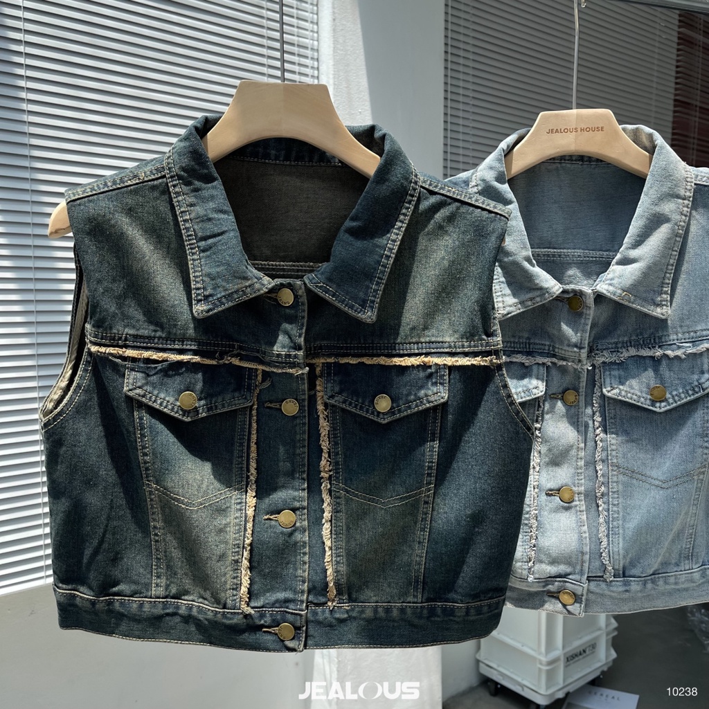 Áo gile denim rua rua ngang độn vai - 10238