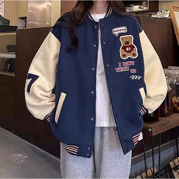 Áo khoác bomber varsity thêu hình gấu teddy , chất nỉ ấm áp phong cách cho cả nam và nữ EB014 Meme