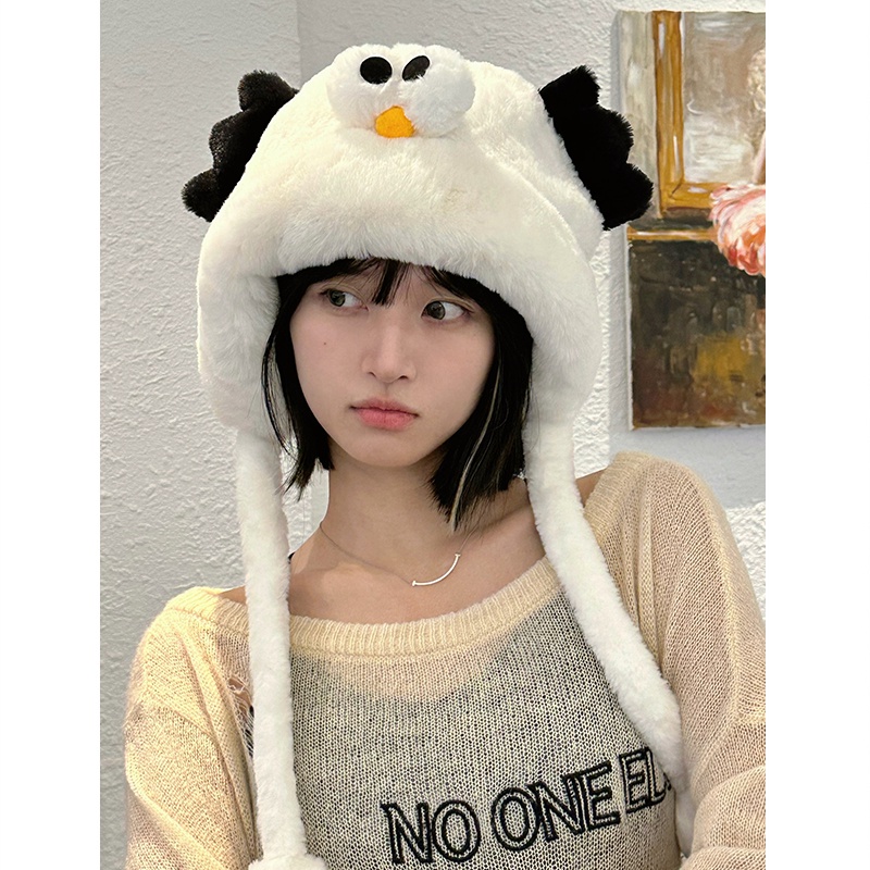 Mũ Trùm Đầu Vải Lông Cừu Dày Dặn Giữ Ấm Tai Họa Tiết Hoạt Hình Phong Cách Hàn Quốc Dễ Thương