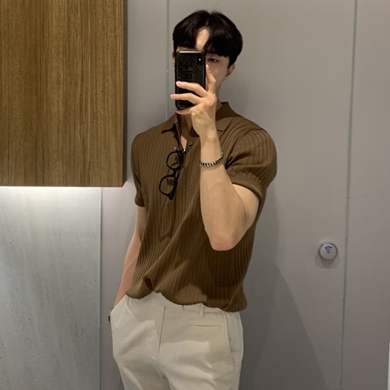 Áo Thun polo Dệt Kim Tay Ngắn Dáng Rộng Màu Sắc Đơn Giản Phong Cách hong kong Thời Trang Mùa Hè Cho Nam