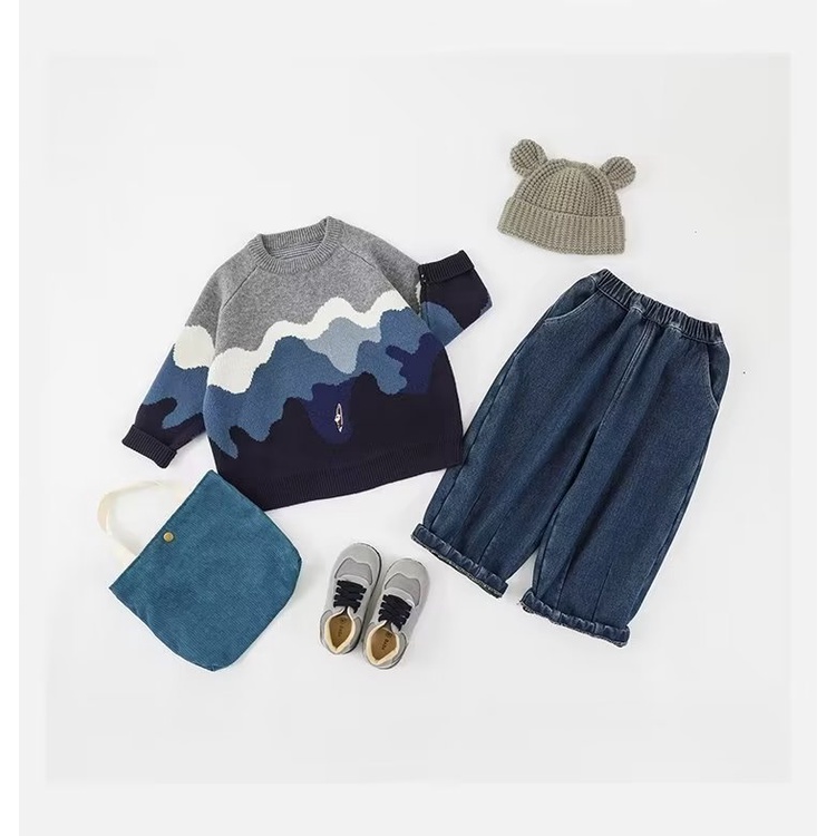 Áo sweater Cổ Tròn Thêu Họa Tiết Màu Sắc Tương Phản Thời Trang Thu Đông Cho Bé Trai