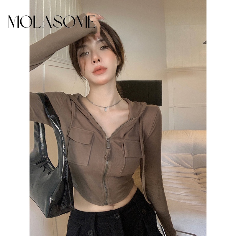 Polaroisome Áo Khoác cardigan Có Mũ Trùm Dài Tay Màu Trơn Thời Trang 2023 Cho Nữ