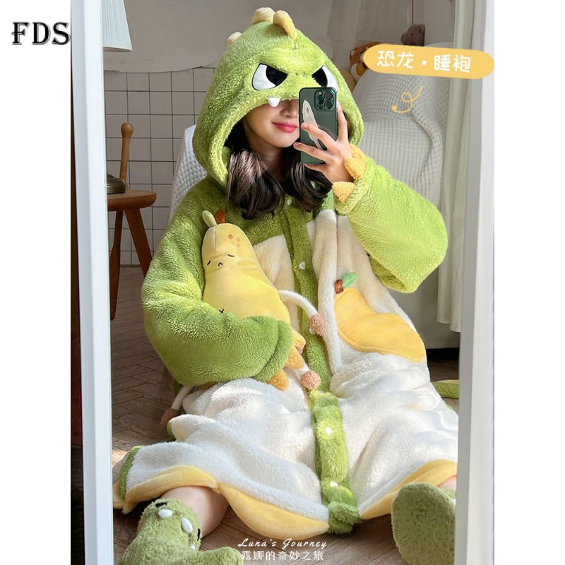 Fds Đồ ngủ Lông Cừu San Hô Dày Dặn In Họa Tiết Khủng Long Hoạt Hình Đáng Yêu Thời Trang Mùa Đông Cho Nữ one