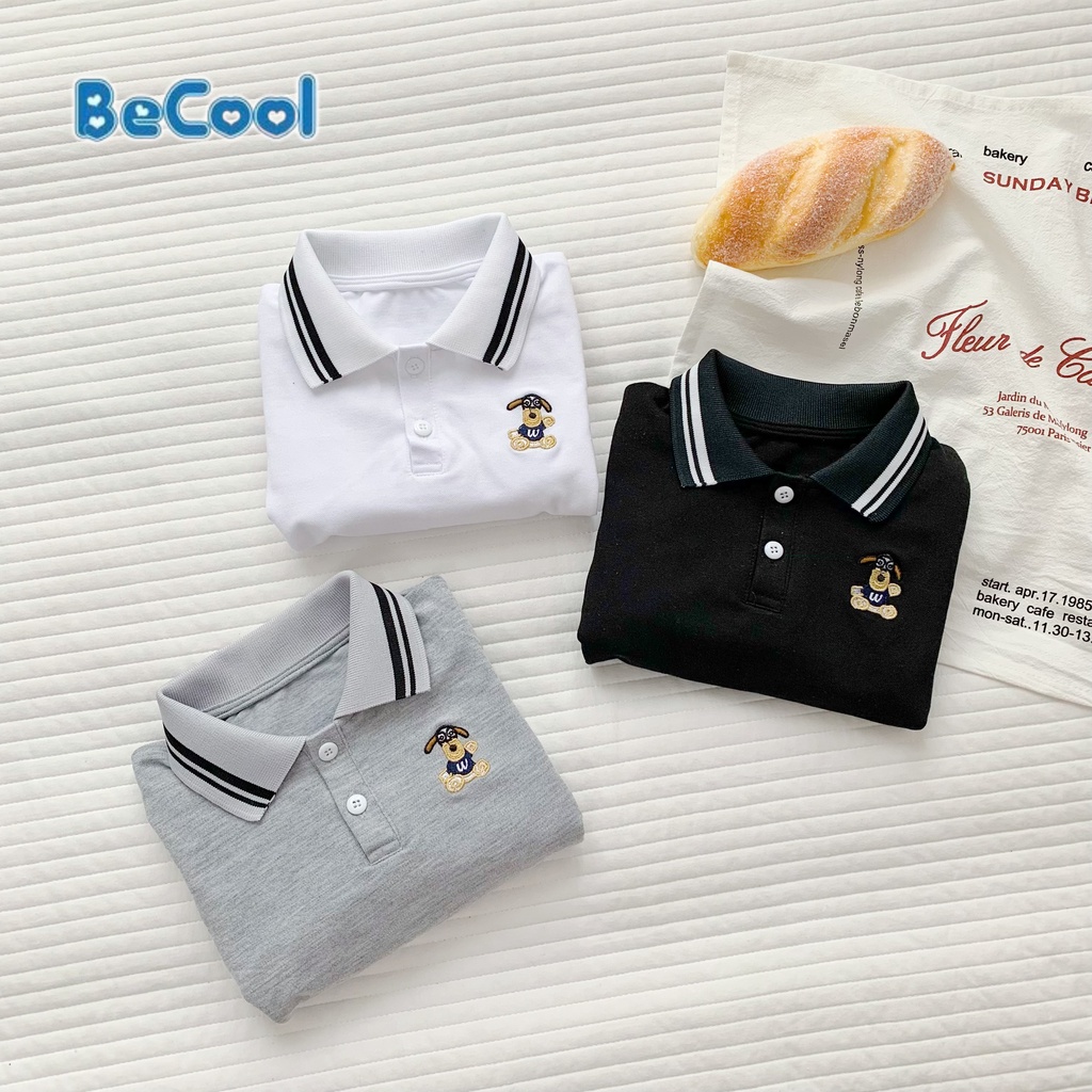 Áo Polo Dài Tay Thêu Hình Gấu Cho Bé Chất Thun Cotton Cao Cấp BeCool, Áo Dài Tay Thu Đông Cho Bé Từ 10-27kg