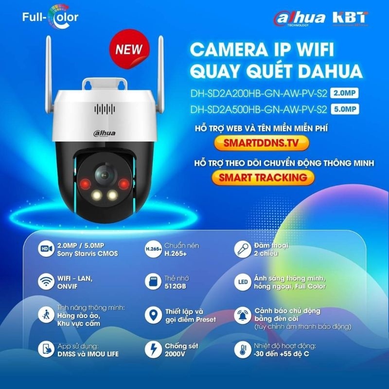 Camera Wifi PTZ Dahua SD2A200HB-GN-AW-PV-S2 SD2A200HB 2MP, đàm thoại 2 chiều, tích hợp còi hú và đèn chớp, lắp đặt dễ