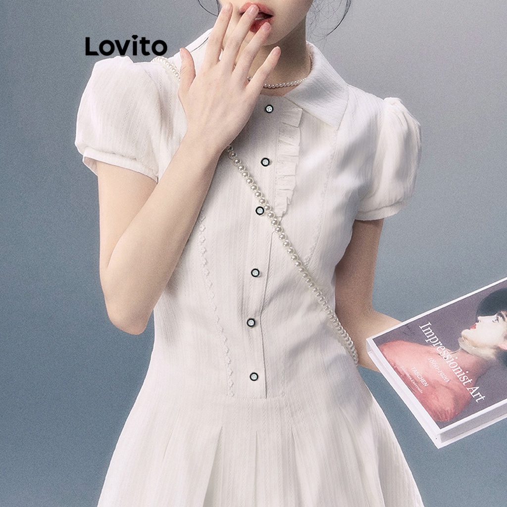 Đầm Lovito khóa kéo xếp ly phối nút màu trơn đáng yêu cho nữ LNE16133