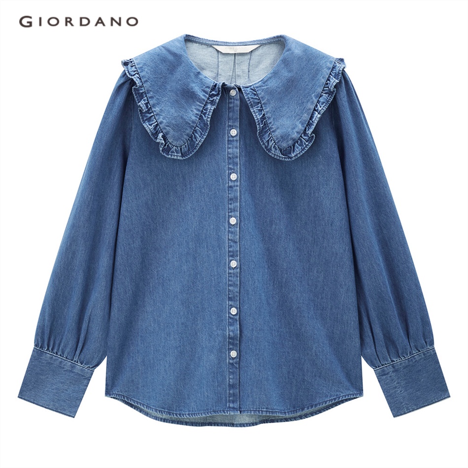 GIORDANO WOMEN Doll collar long sleeve loose denim shirt 13343802