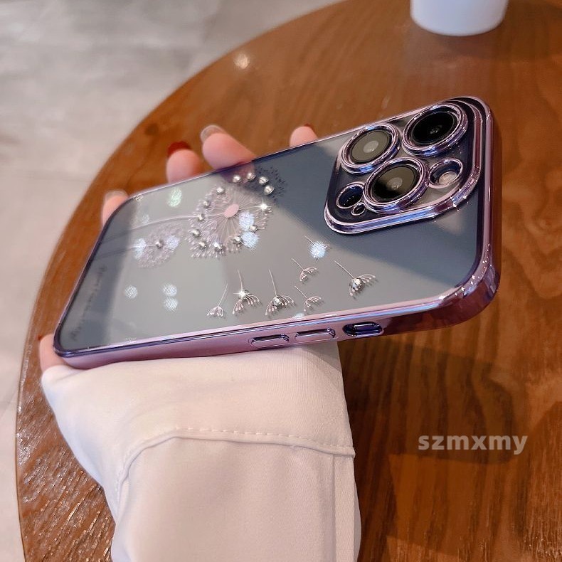 Ôp Điện Thoại tpu Dẻo Trong Suốt Mạ Điện Họa Tiết Hoa Bồ Công Anh Tím Cho iphone 15 14 plus 13 12 11 pro max Ốp