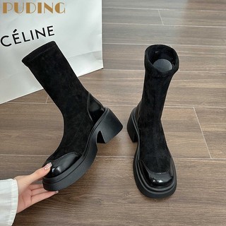 Duohanzi đồng hồ doc martens dành cho nữ giày bốt đen co giãn niche mới. giày bốt cổ cao co giãn thời trang cho nữ giày bốt đế dày thời trang cá tính trẻ trung