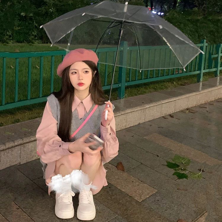 Set Áo Sơ Mi Tay Dài Kèm Váy Yếm Màu Xám Ngọt Ngào Nữ Tính