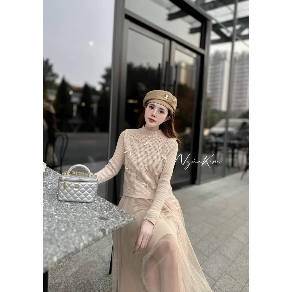 Set váy len chân voan áo gile đính nơ hàng QC
