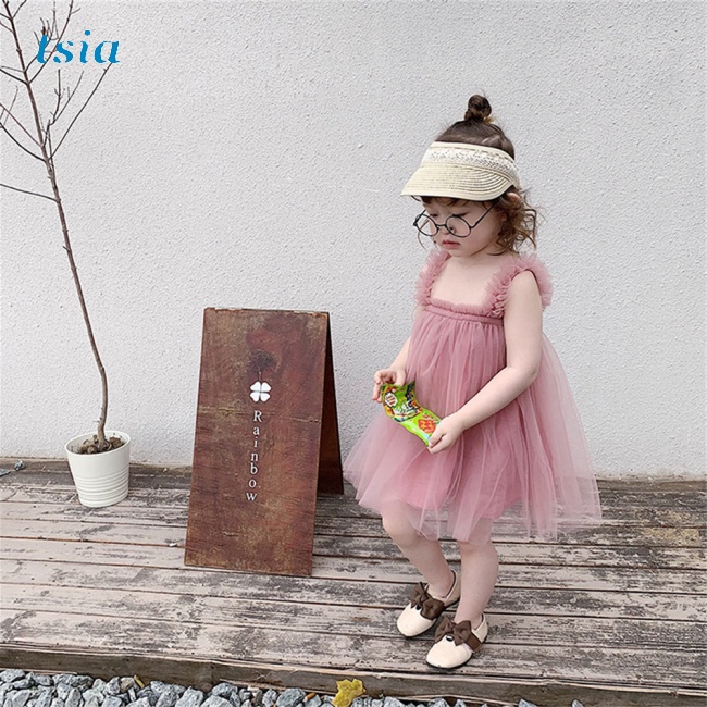 Đầm cotton Hai Dây Phối Lưới Xinh Xắn Dành Cho Bé Gái 0-3 Tuổi