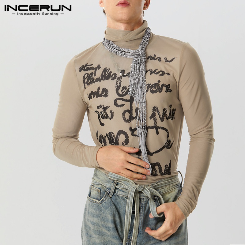 Incerun Áo Thun Nam Tay Dài Cổ Cao Phối Lưới Màu Sắc vintage Nhìn Xuyên Thấu In Chữ Tiếng Anh