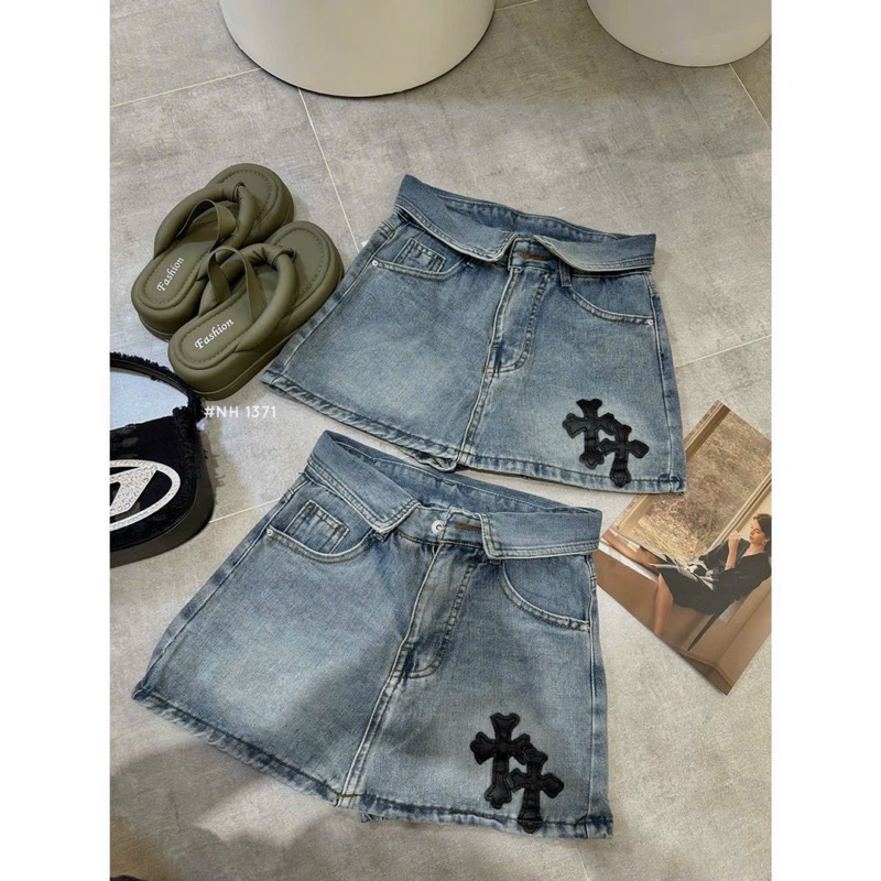 Chân váy jean chữ thập gập lưng