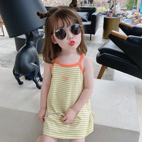 90-140cm Ice Silk Ribbed Mùa Hè Phong Cách Mỏng Bé Gái Bé Gái Trẻ Em Không Tay Sling Dễ Thương Giữa Chiều Dài Kẹo Đầm Sling Màu