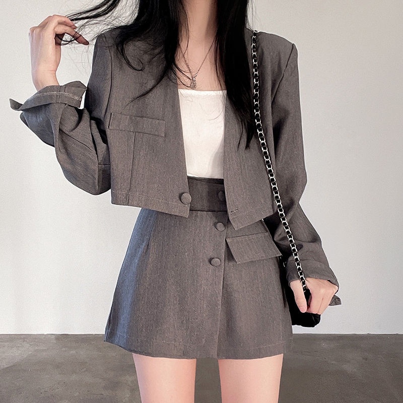 Set Áo Khoác Tay Dài + Chân Váy Lưng Cao Thời Trang Hàn Quốc Cho Nữ
