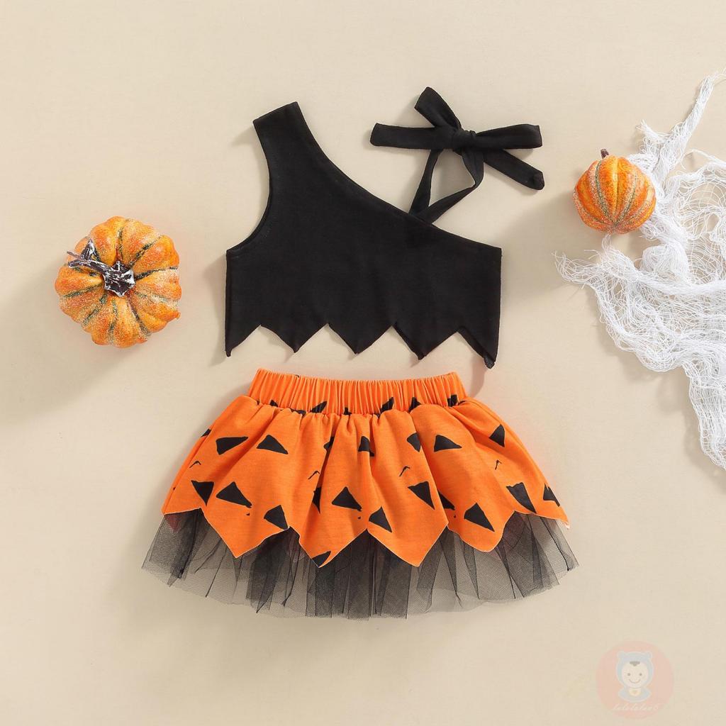 Laa6-áo crop Top Trễ Vai Buộc Dây Màu Trơn + Chân Váy Lưới Co Giãn Phong Cách halloween Cho Bé Gái