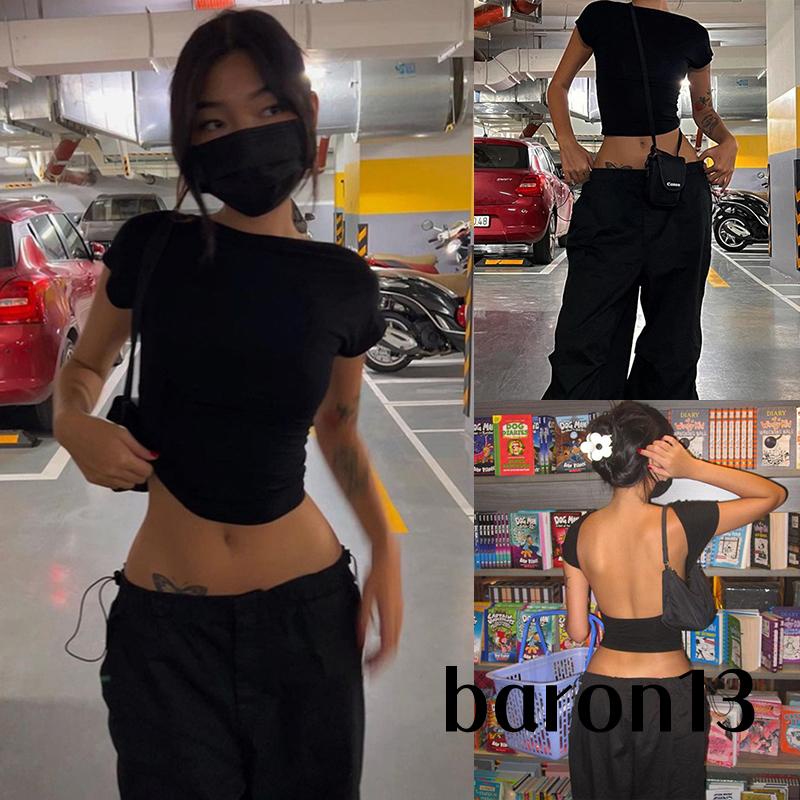 Áo crop Top Ôm Body Tay Ngắn Cổ Chữ o Hở Lưng Màu Đen Thời Trang Mùa Hè Cho Nữ xo8k