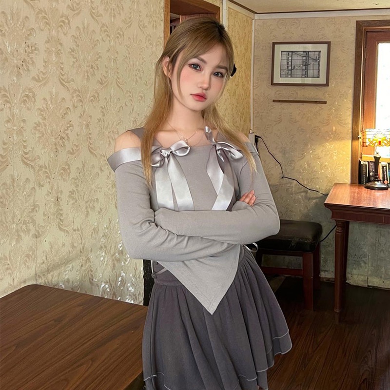 Zhu xia Áo Thun Tay Dài Lệch Vai Phối Ruy Băng Thắt Nơ Dành Cho Nữ