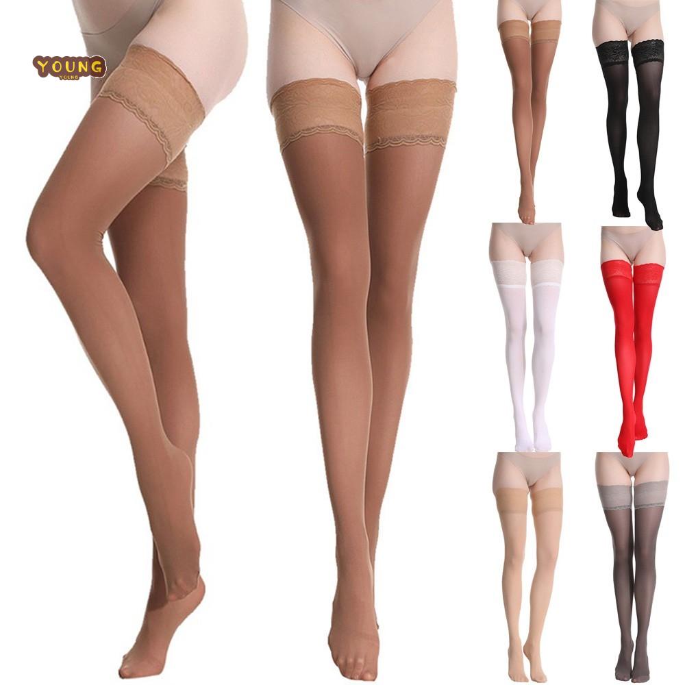 Quần Tất Ren nylon Cao Đến Đầu Gối Màu Đỏ sheer Trắng Cà Phê Cho Nữ
