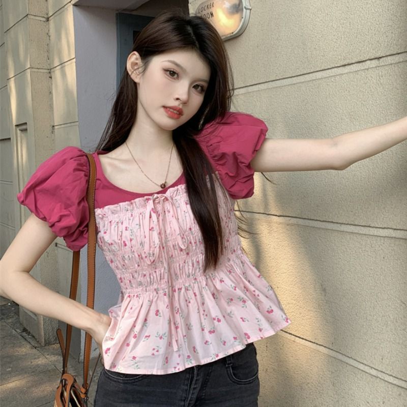 Áo Kiểu Tay Phồng Ngắn Ôm Eo Màu Sắc Tương Phản Ngọt Ngào Thời Trang Cho Nữ