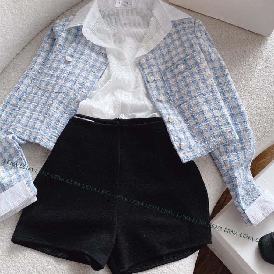 Áo Khoác Dạ Tweed cổ tròn xanh baby dáng lửng siêu sang chảnh - Sơ mi trắng tơ mịn mát- quần đùi ôm body  LENA 3040