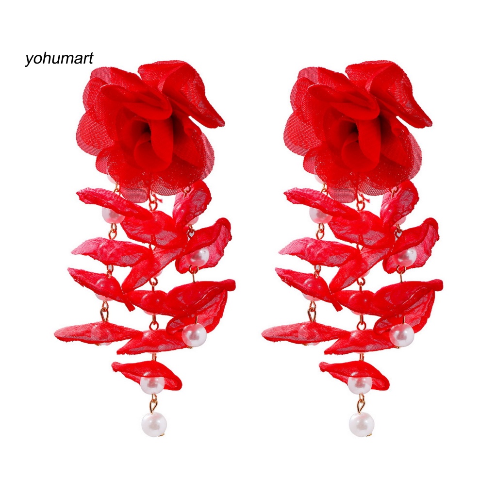 Khuyên Tai Ren Hoa chiffon Nhiều Lớp Dáng Thả Đính Ngọc Trai Nhân Tạo Thanh Lịch