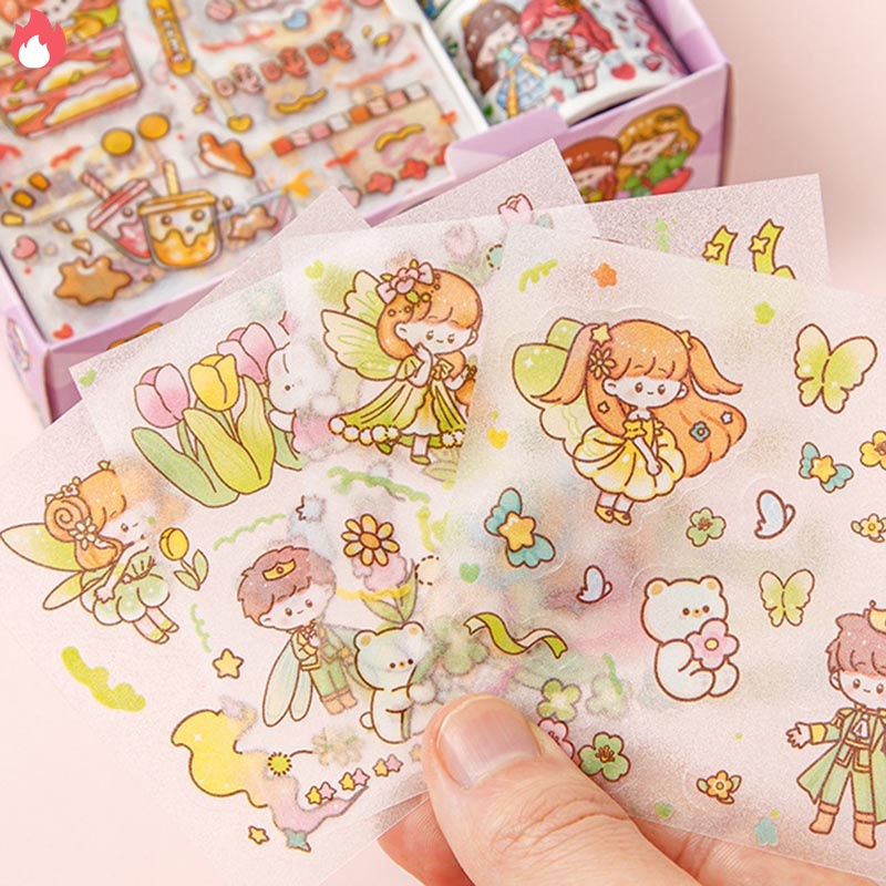 Hộp 8 món băng keo dính Washi tape + sticker dán trang trí sổ lưu niệm DIY hoa tiết hoạt hình cute RYVN
