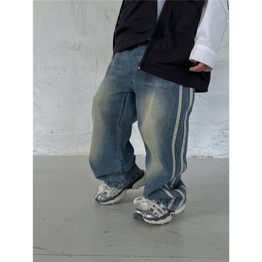 Quần jean ống suông bé trai SIZE ĐẠI QB641 size 90-160 màu xanh mài sọc bên, thời trang trẻ em thu đông 2023