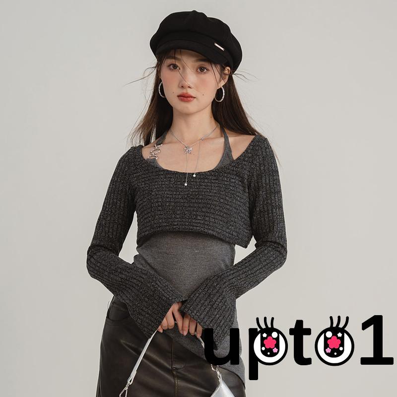 Up-áo Croptop Dệt Kim Tay Dài Hở Lưng Không Tay Cột Dây Màu Trơn Cho Nữ
