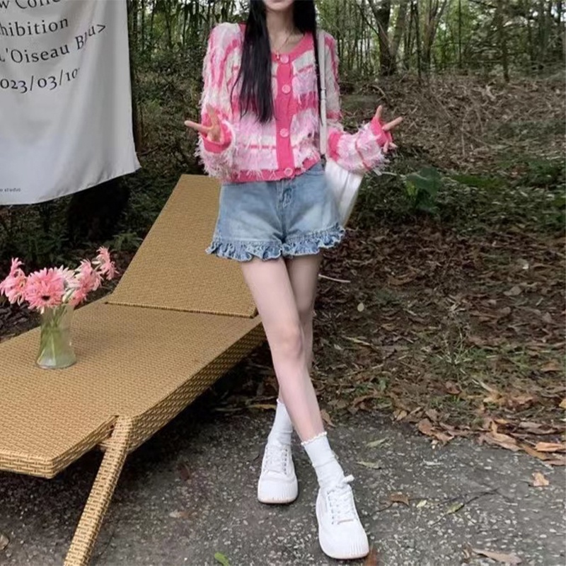 You Áo Khoác cardigan Len Tay Dài Viền Tua Rua Tương Phản Phong Cách Ngọt Ngào Cho Nữ