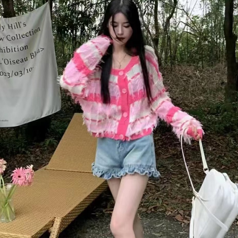 You Áo Khoác cardigan Len Tay Dài Viền Tua Rua Tương Phản Phong Cách Ngọt Ngào Cho Nữ