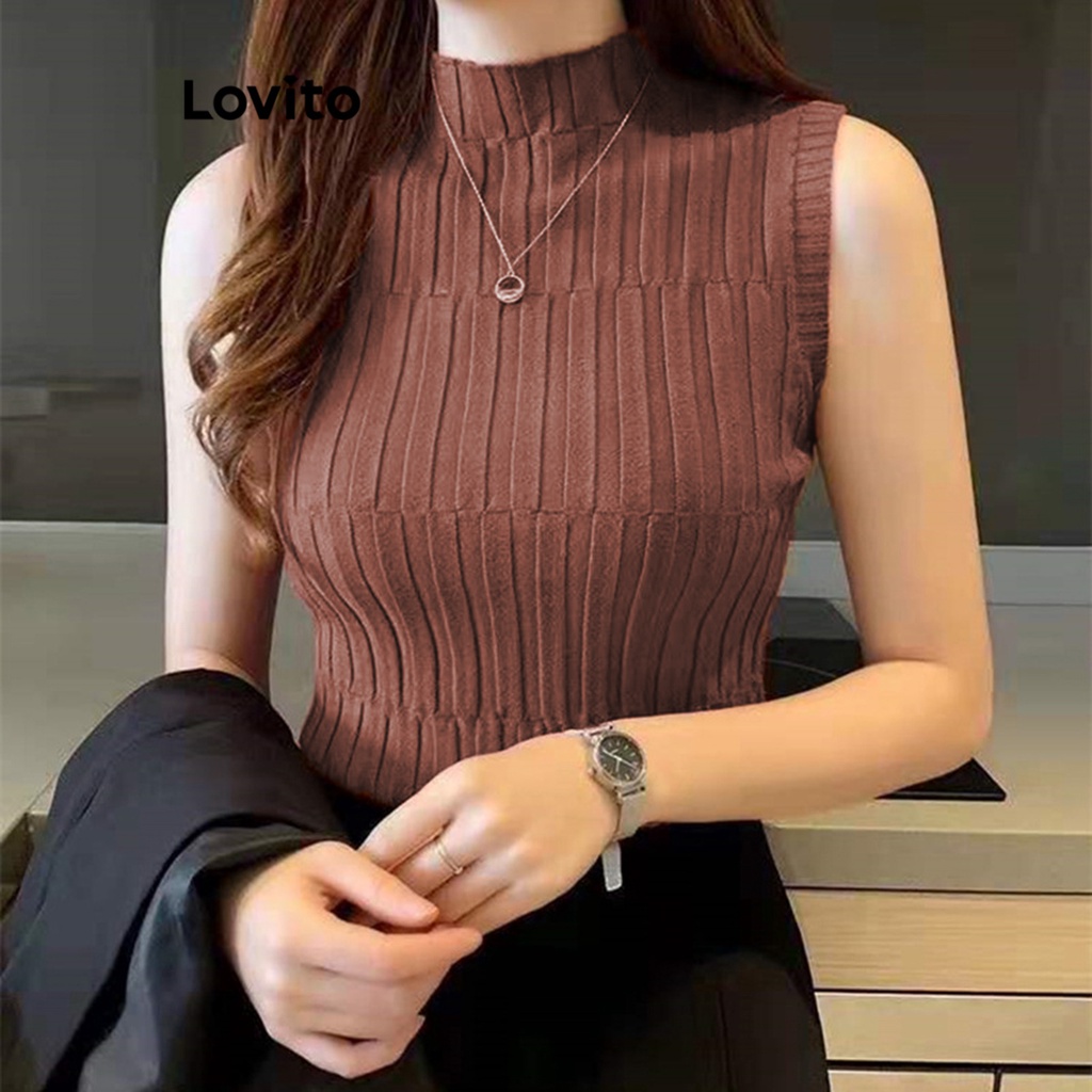 Áo dệt kim Lovito co giãn cao đơn giản màu trơn thường ngày cho nữ LNE17174