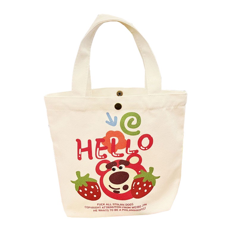 Túi mua sắm MR PUFFER vải canvas mini cầm tay đa năng thân thiện với môi trường họa tiết gấu dâu dễ thương