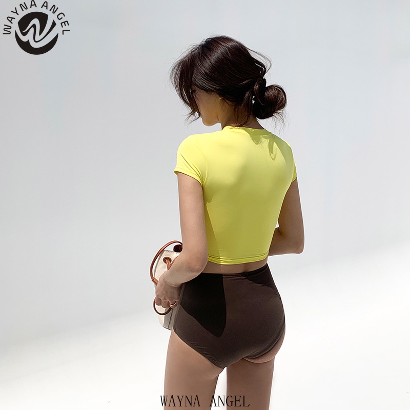 Bộ Đồ Bơi Hai Mảnh Tay Ngắn Màu Trơn Lưng Cao Phong Cách Hàn Quốc Dành Cho Nữ